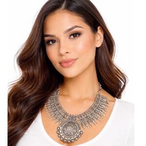 Silver Boho Rhinestone Bib Statement Necklace Tribal Medallion Vintage 103-46